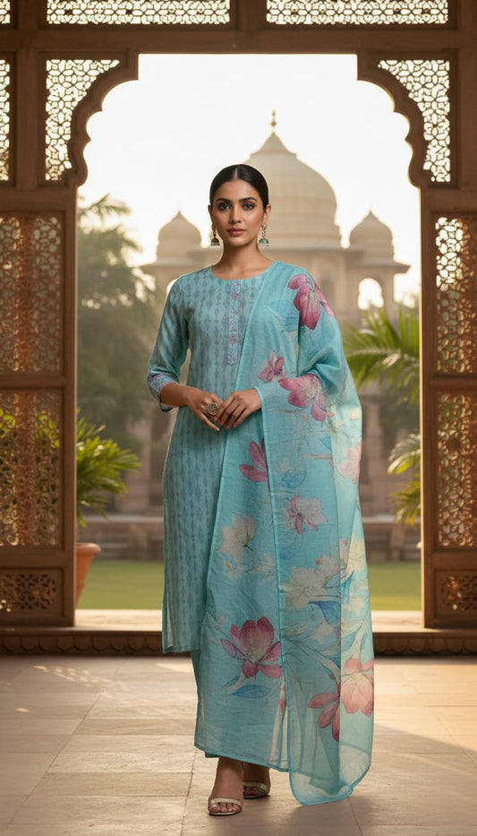 Aqua Embroidered kurta with pant and dupatta