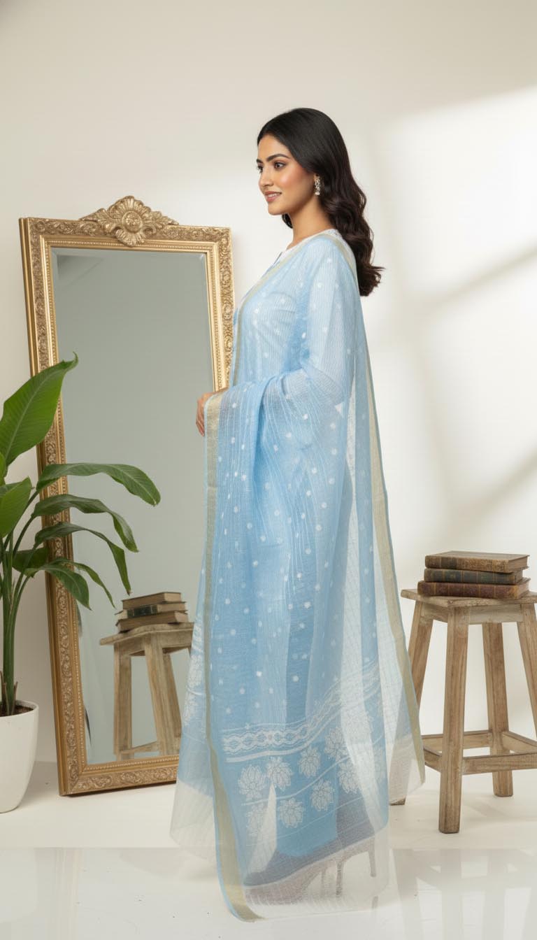 Elegant White & Blue  Cotton Kurta Set with Dupatta