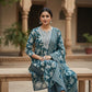 Elegant Teal & White Floral Printed Cotton Suit Set