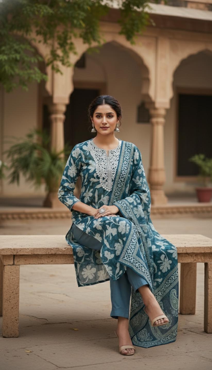 Elegant Teal & White Floral Printed Cotton Suit Set