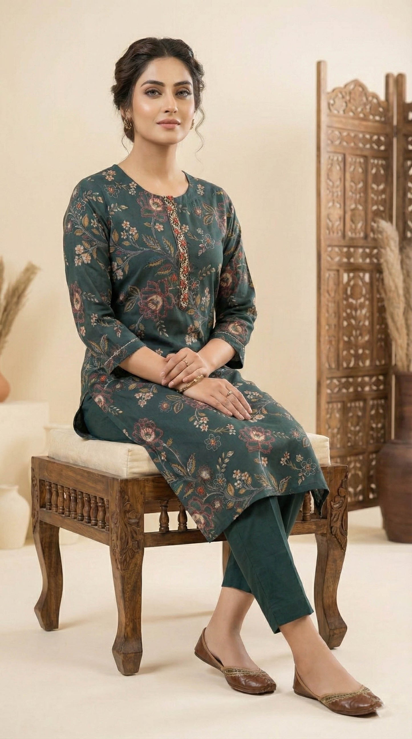 Teal Blue Floral Casual Kurta With Pant