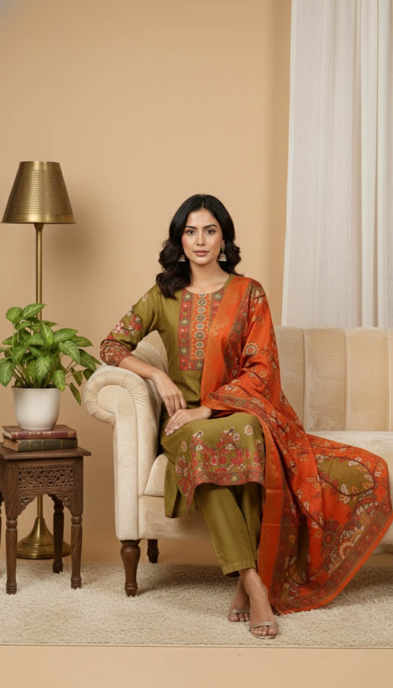 Olive Green Muslin Kurta Set with Hand Work & Printed Dupatta