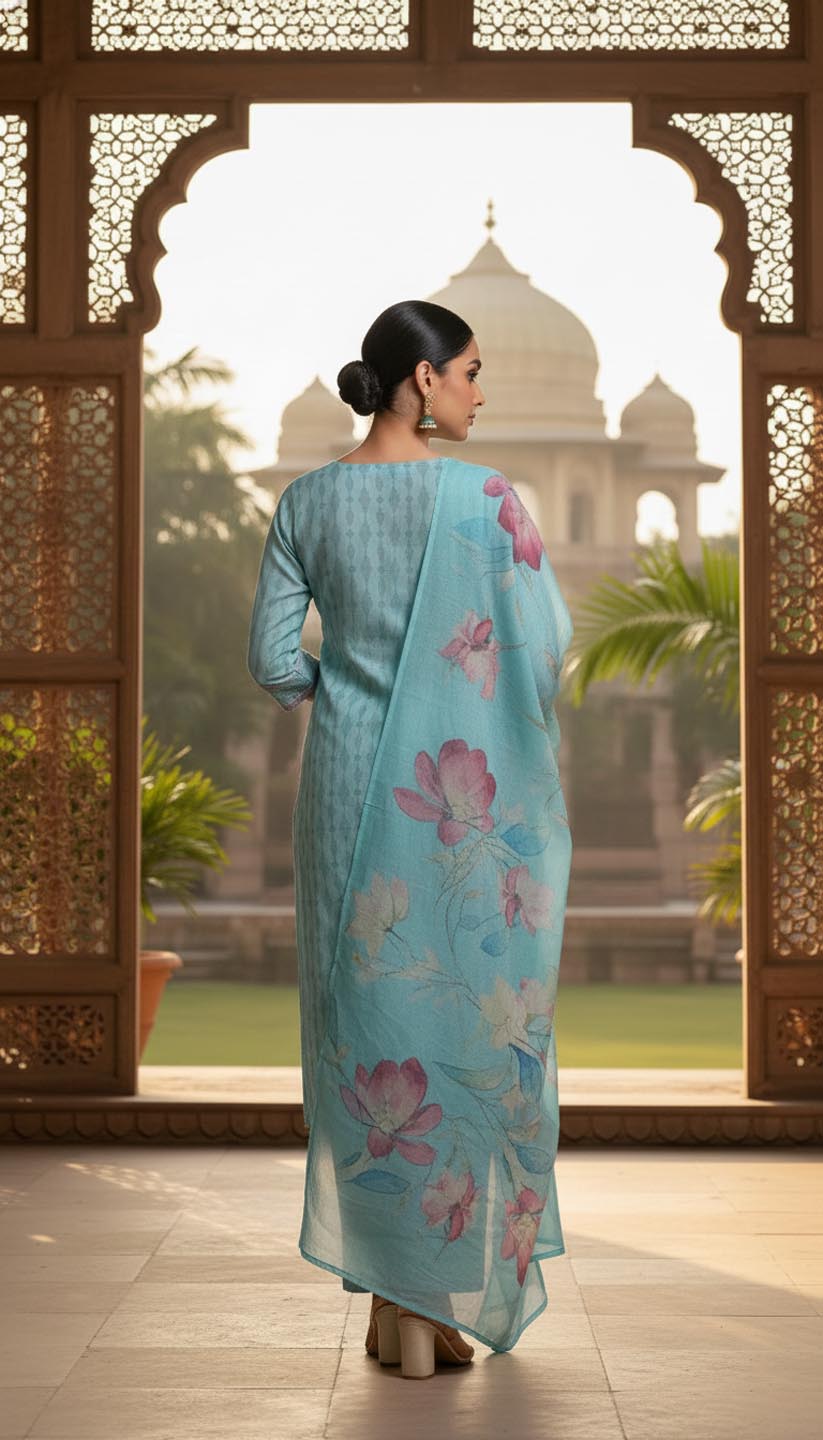Aqua Embroidered kurta with pant and dupatta