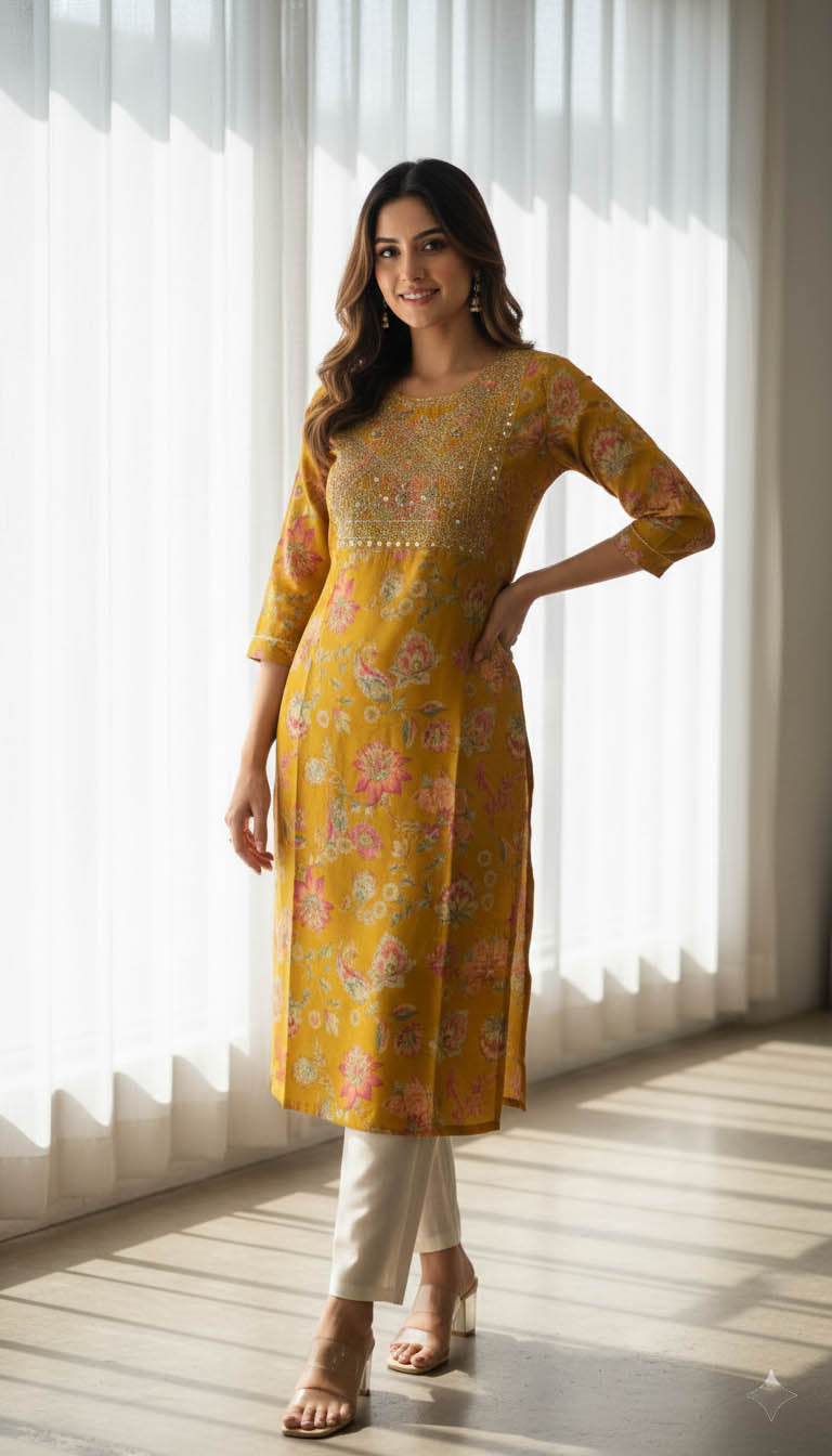 Yellow Embroidered Straight Fit Kurta