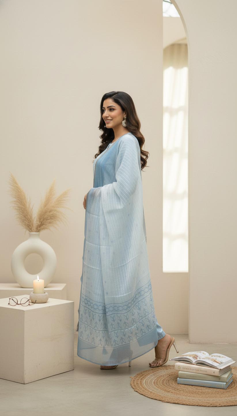 Elegant Blue Embroidered Kurta Set with Dupatta