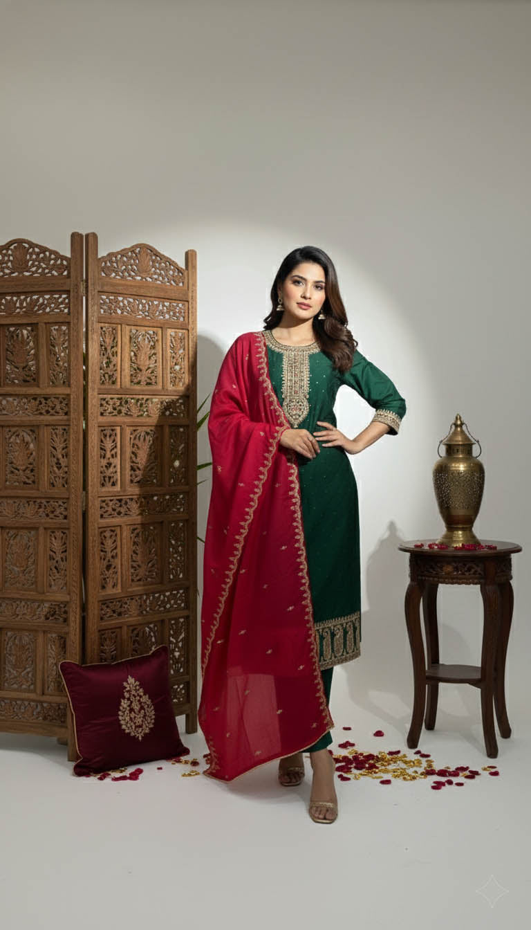 Emerald Green Embroidered Kurta Set with Dupatta
