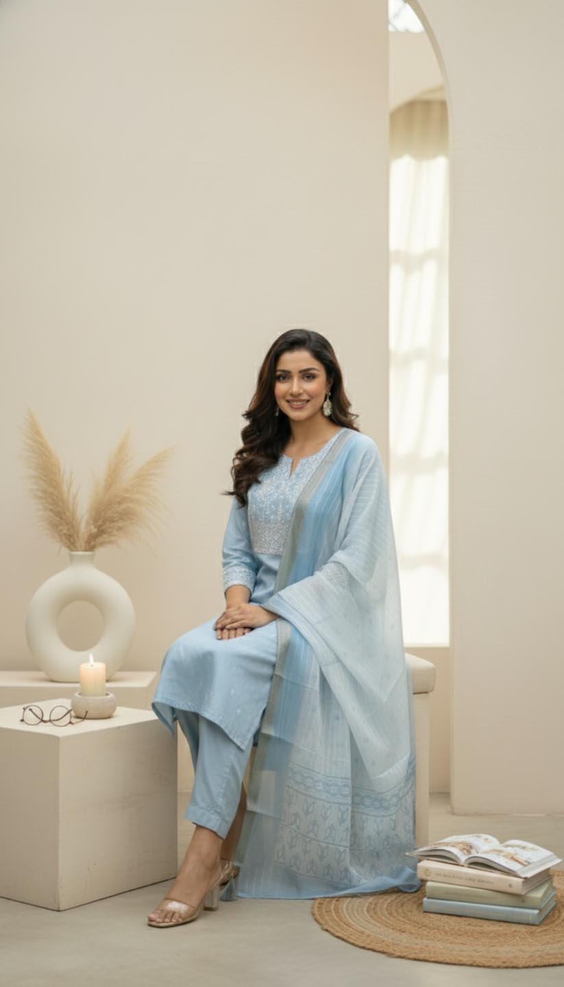 Elegant Blue Embroidered Kurta Set with Dupatta
