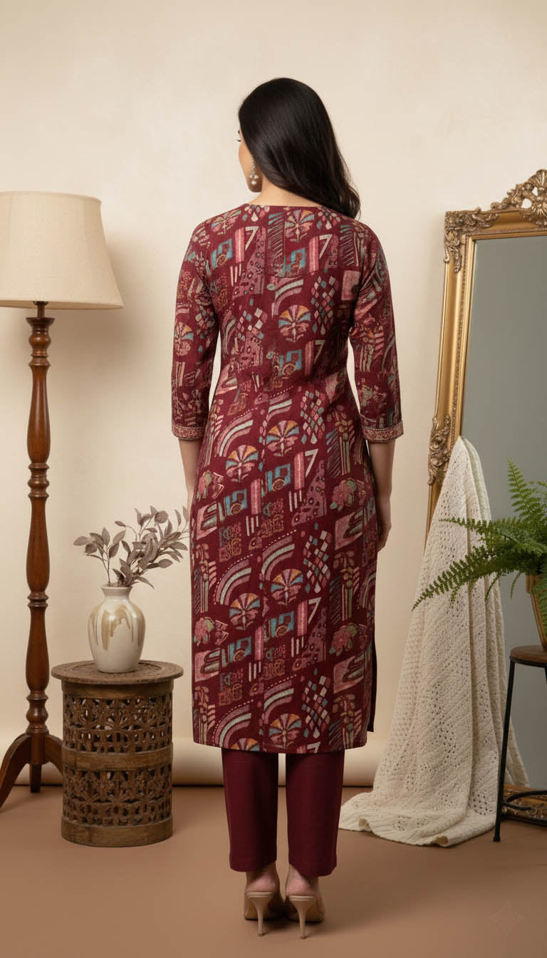 Maroon Floral Viscose Blend Printed Kurta