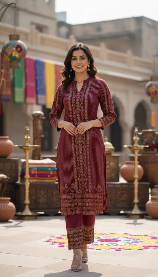 Royal Maroon Velvet Kurta Set with Gold Foil Print