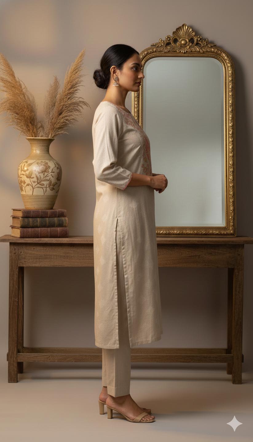 Elegant Embroidered Linen Kurta Set with Diamond Weave Dupatta