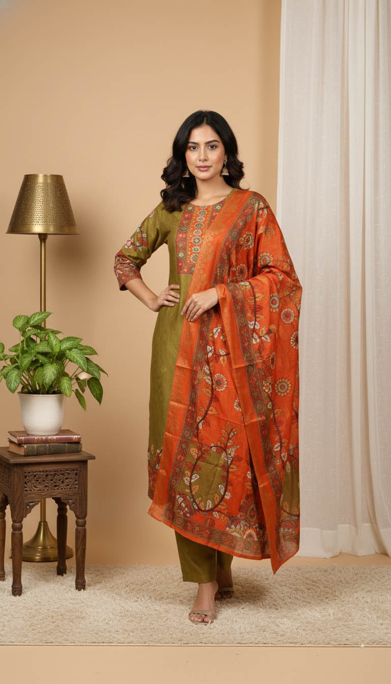 Olive Green Muslin Kurta Set with Hand Work & Printed Dupatta