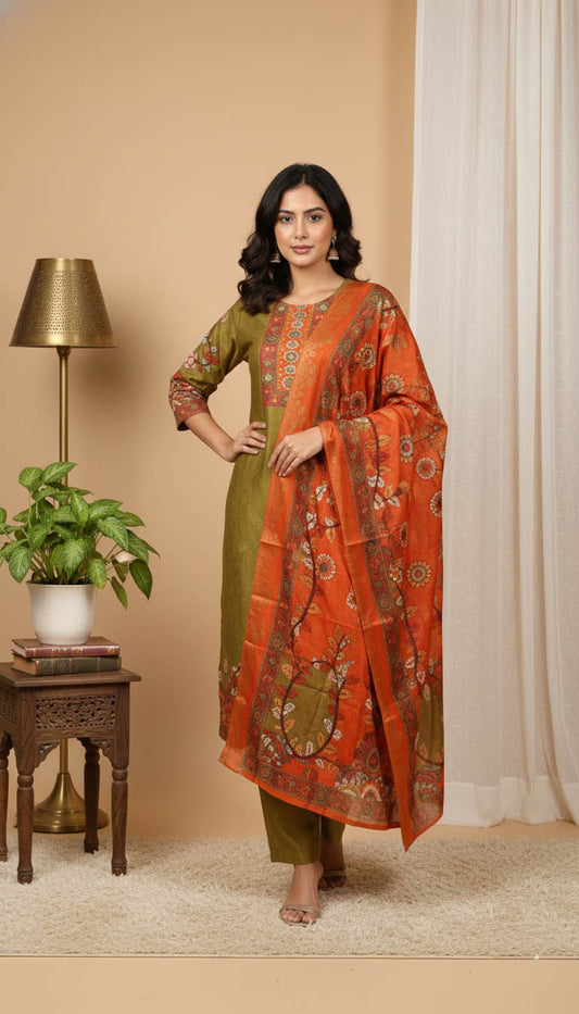 Olive Green Muslin Kurta Set with Hand Work & Printed Dupatta