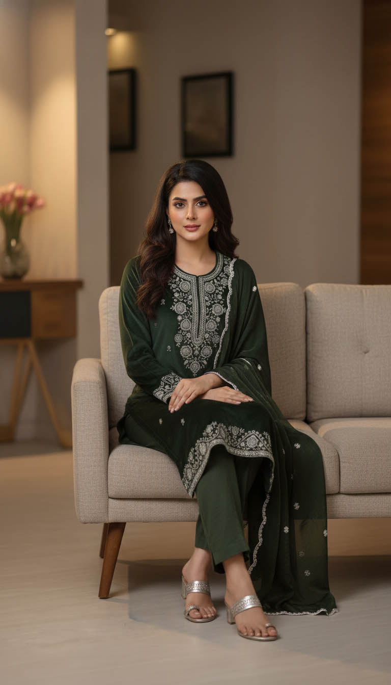 Premium Green Velvet Embroidered Kurta Set with Dupatta.
