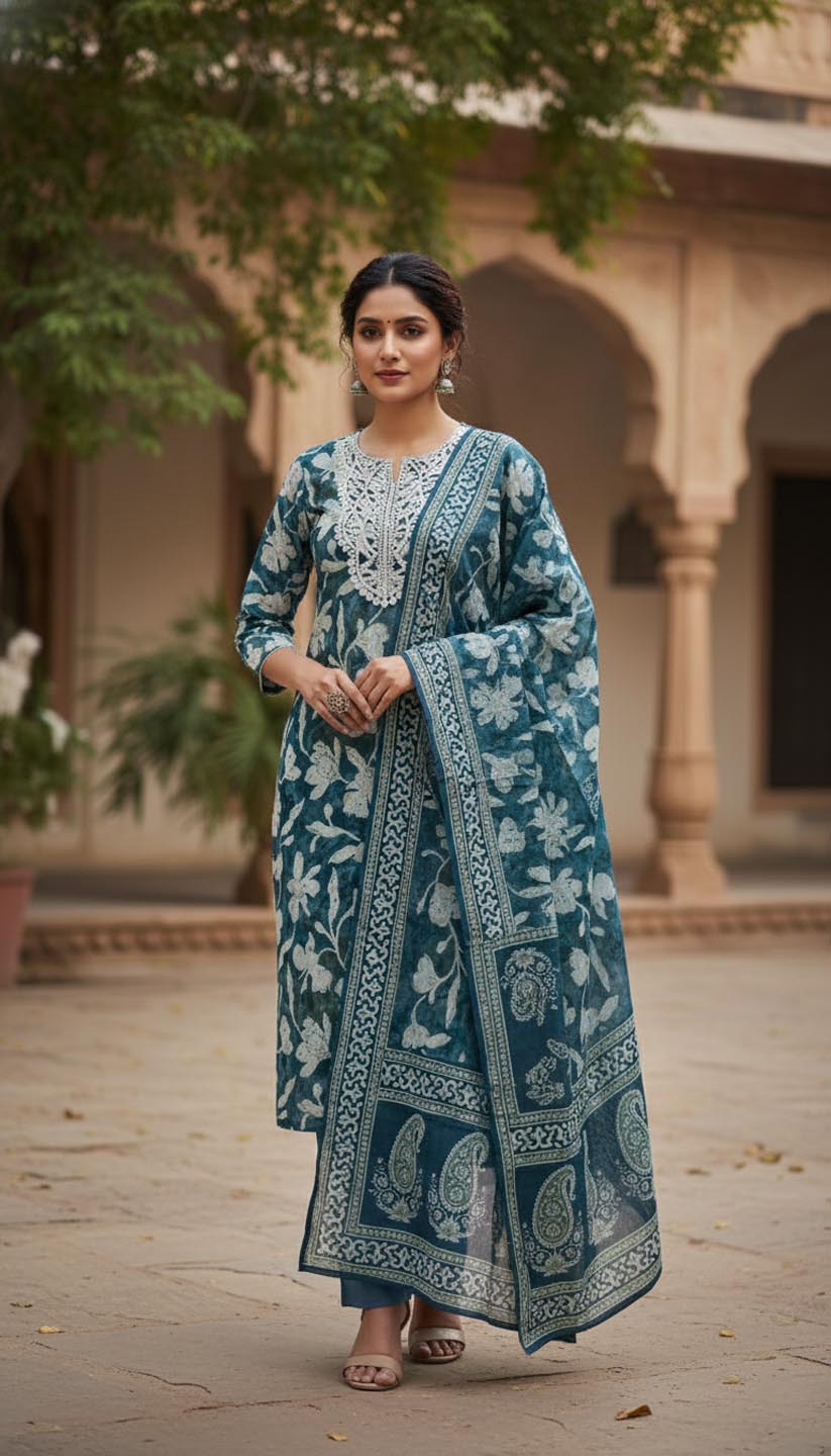 Elegant Teal & White Floral Printed Cotton Suit Set