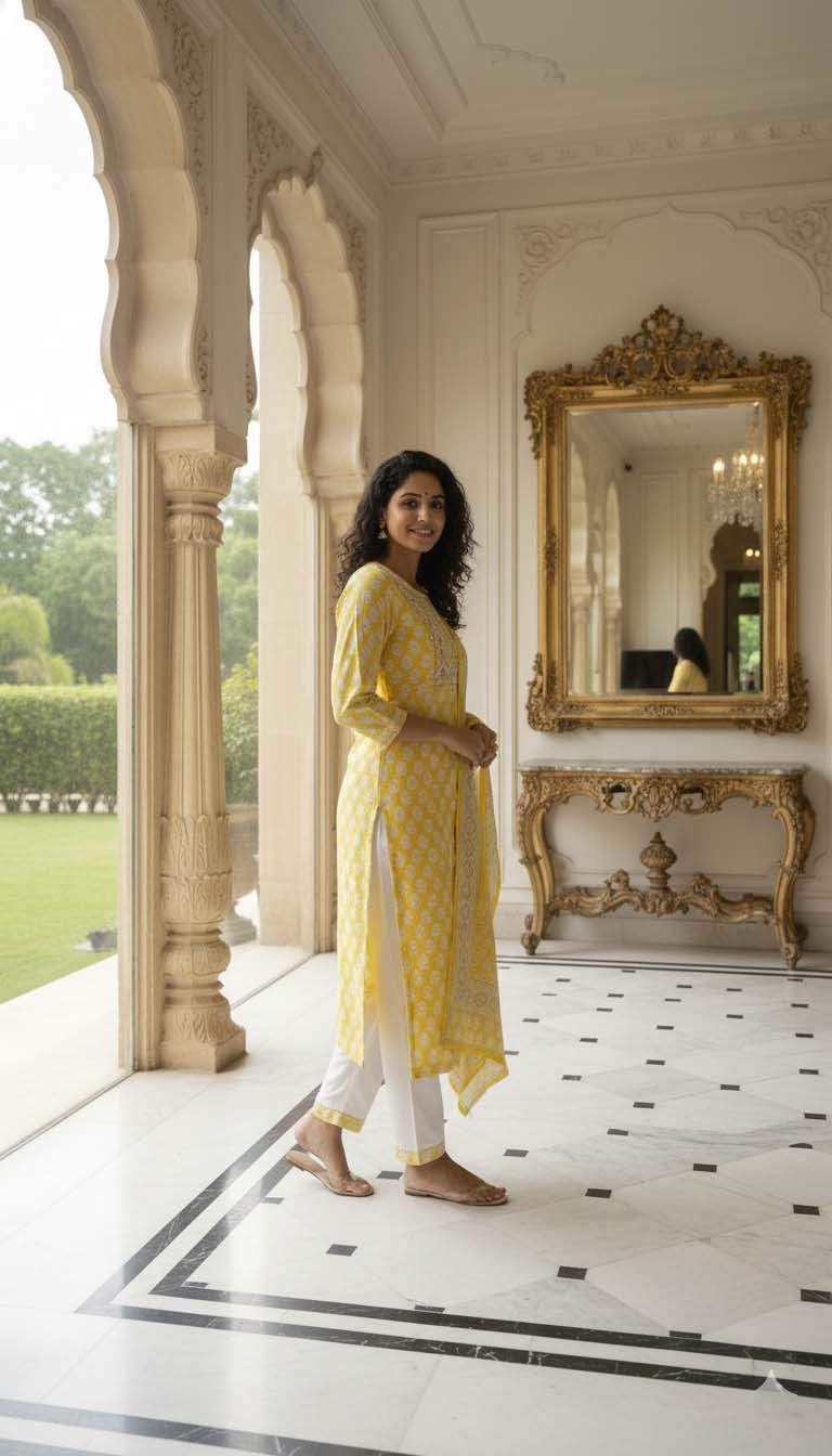 Sunshine Yellow Printed Straight Kurta Set with Dupatta