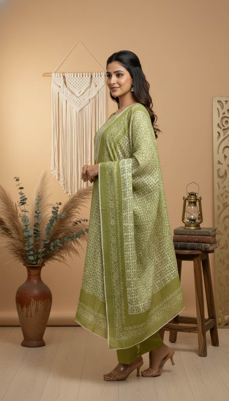 Olive Green Linen Kurta Set with Elegant Embroidery