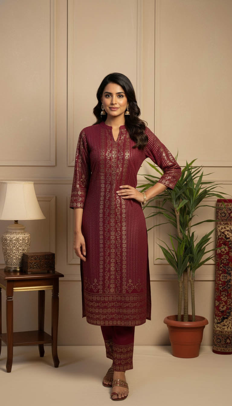 Royal Maroon Velvet Kurta Set with Gold Foil Print