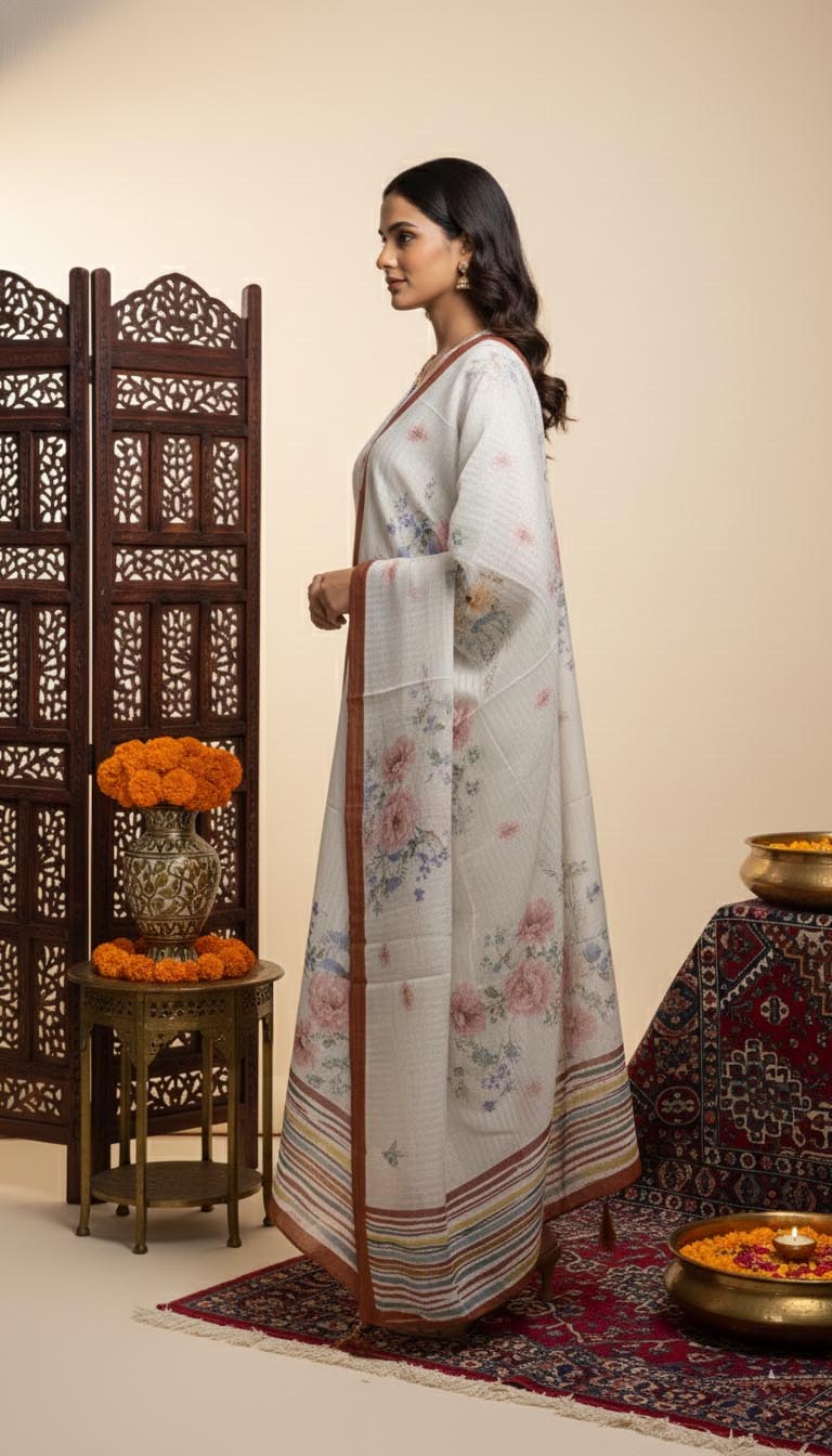 Elegance in Bloom – White Floral Printed Kurta Set with Dupatta