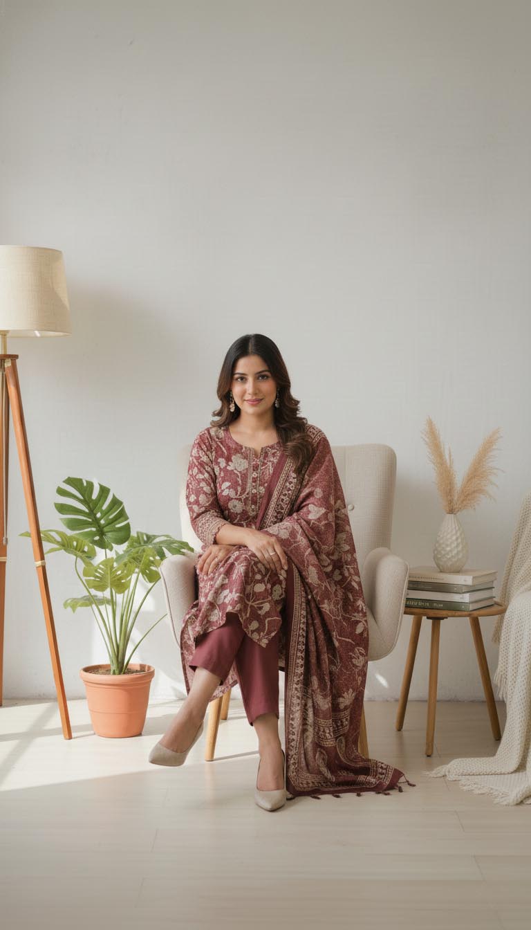 Rust Floral Printed Cotton Suit Set with Dupatta