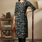 Printed Straight Kurta – Black & Blue Abstract Motif