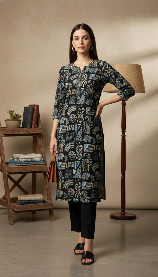 Printed Straight Kurta – Black & Blue Abstract Motif