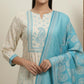 Elegant Cream & Sky Blue Embroidered Printed Cotton kurta  Set