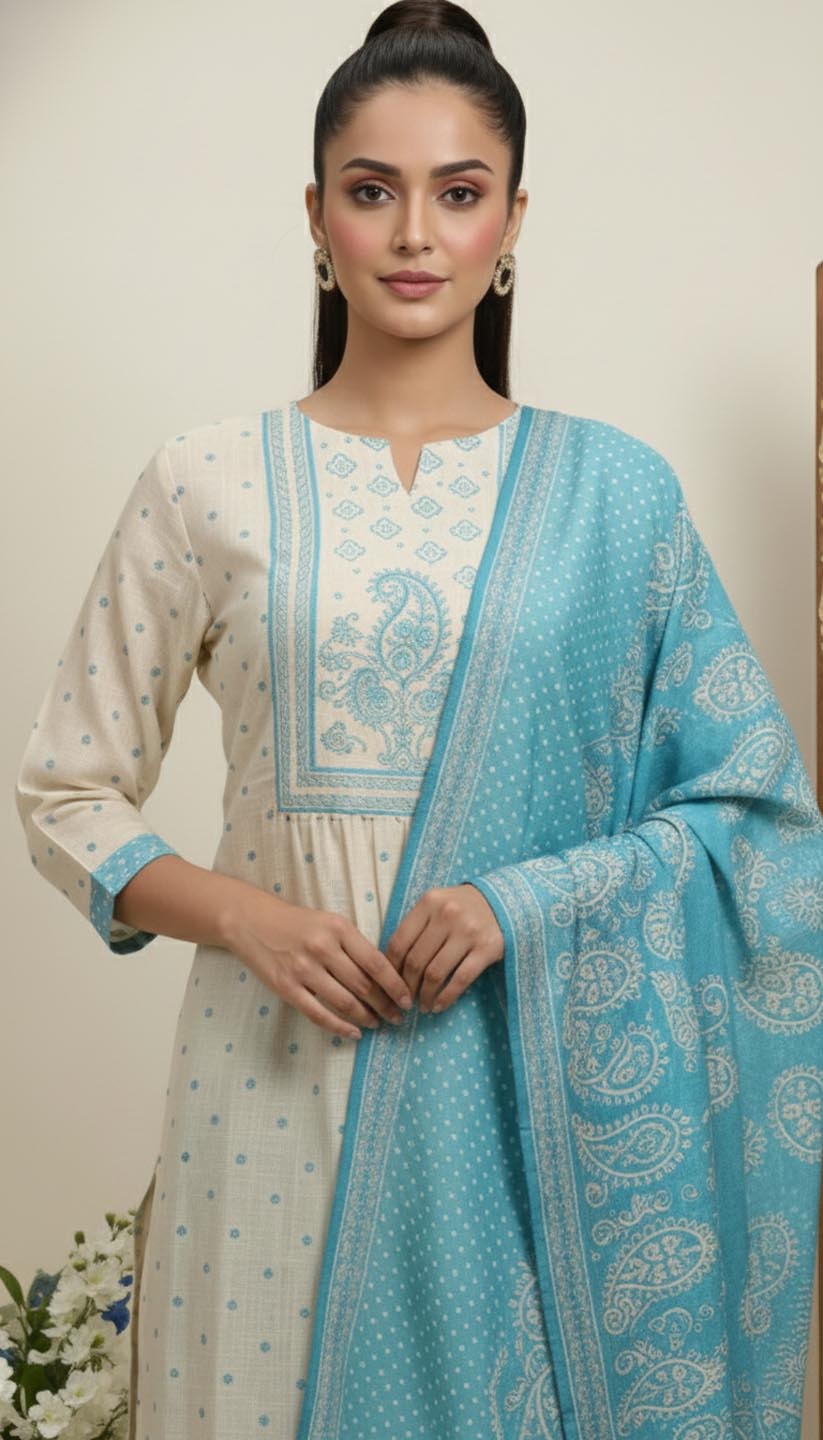 Elegant Cream & Sky Blue Embroidered Printed Cotton kurta  Set