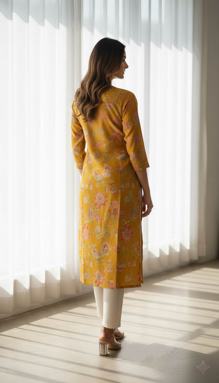 Yellow Embroidered Straight Fit Kurta