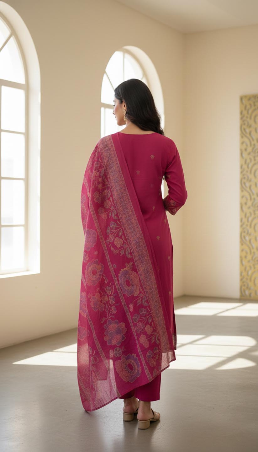 Fuchsia Embroidered Straight Kurta with Trousers & Dupatta
