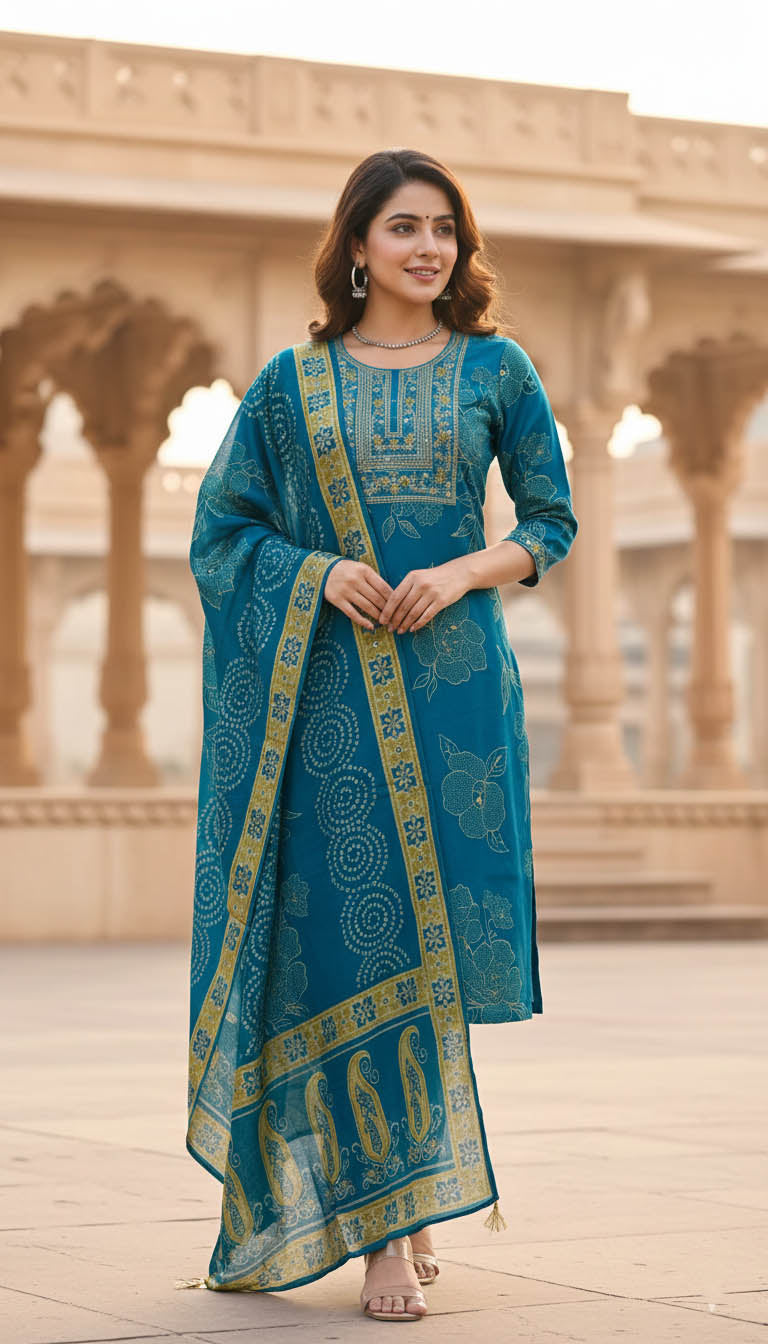 Turquoise Viscose Blend Kurta Set with Sequins Work