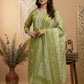 Olive Green Linen Kurta Set with Elegant Embroidery