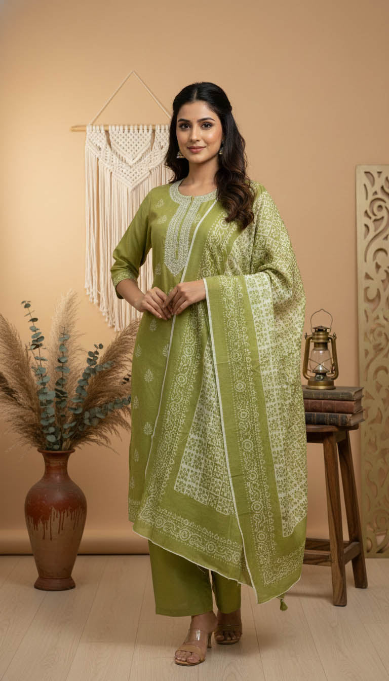 Olive Green Linen Kurta Set with Elegant Embroidery
