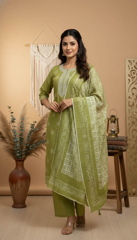 Olive Green Linen Kurta Set with Elegant Embroidery