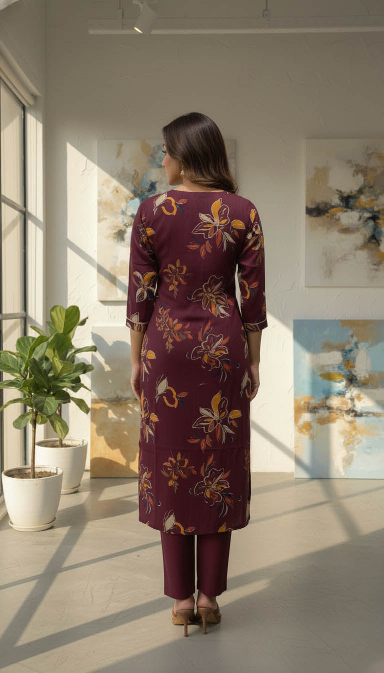Maroon Floral  Viscose Blend Printed Kurta