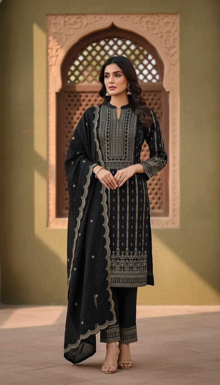 Luxury Black Velvet Foil Print Kurta Set with Dupatta