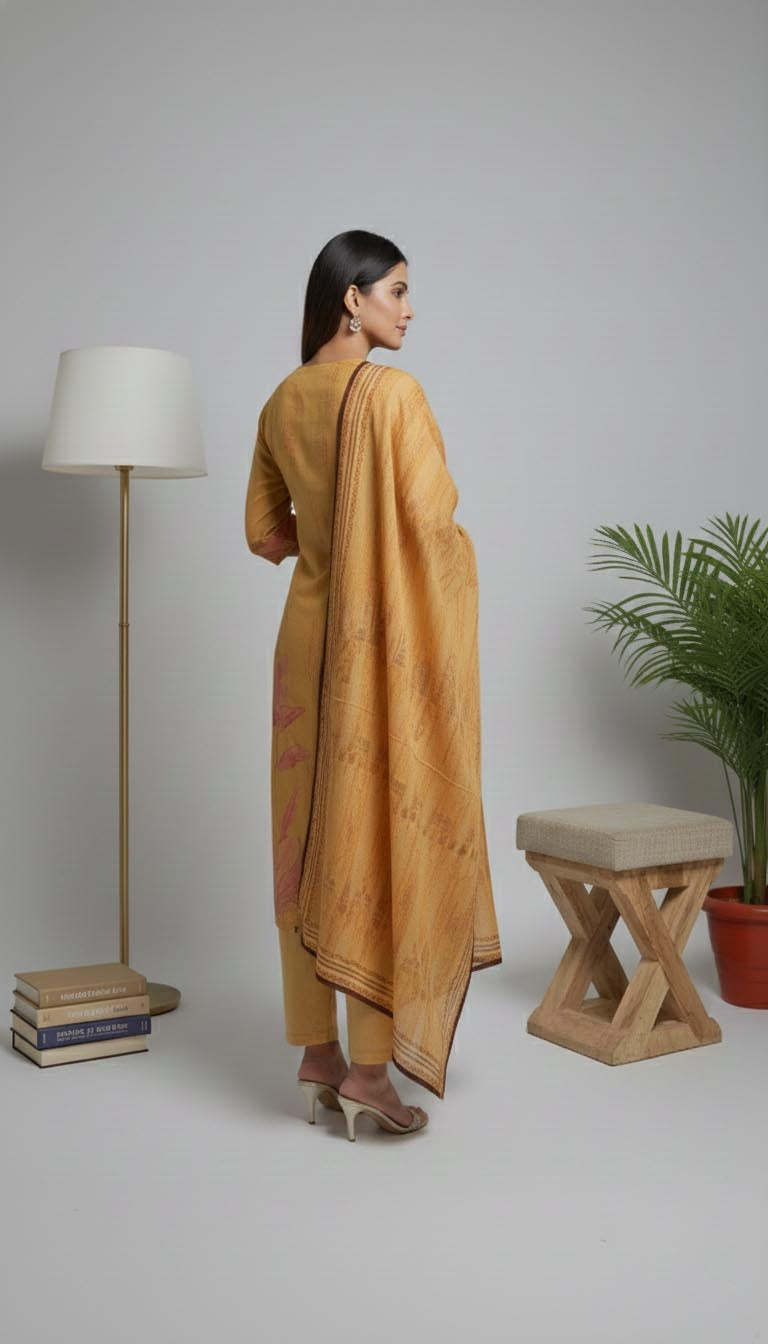Mustard Floral Printed Cotton Kurta Set