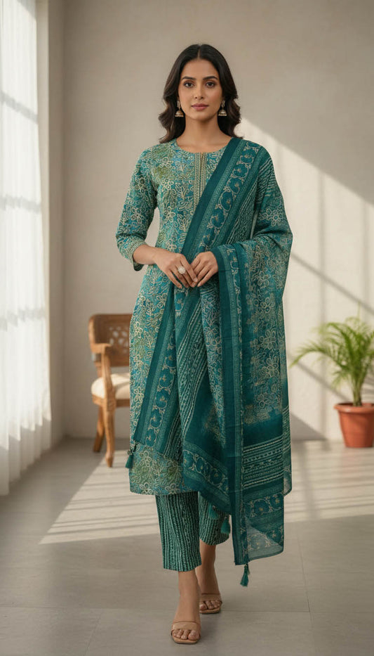 Turquoise Rayon Printed Kurta Set with Dupatta
