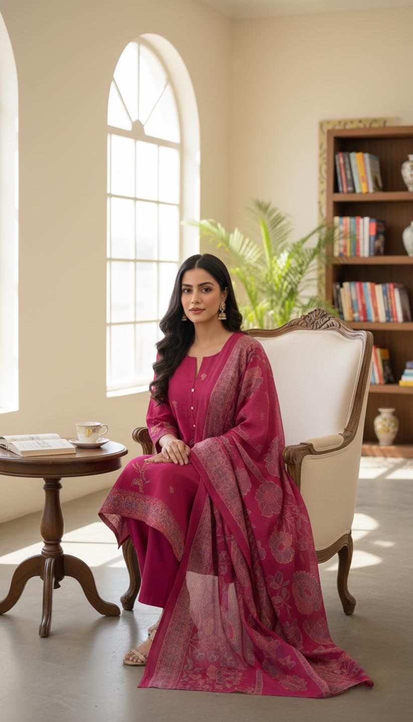 Fuchsia Embroidered Straight Kurta with Trousers & Dupatta