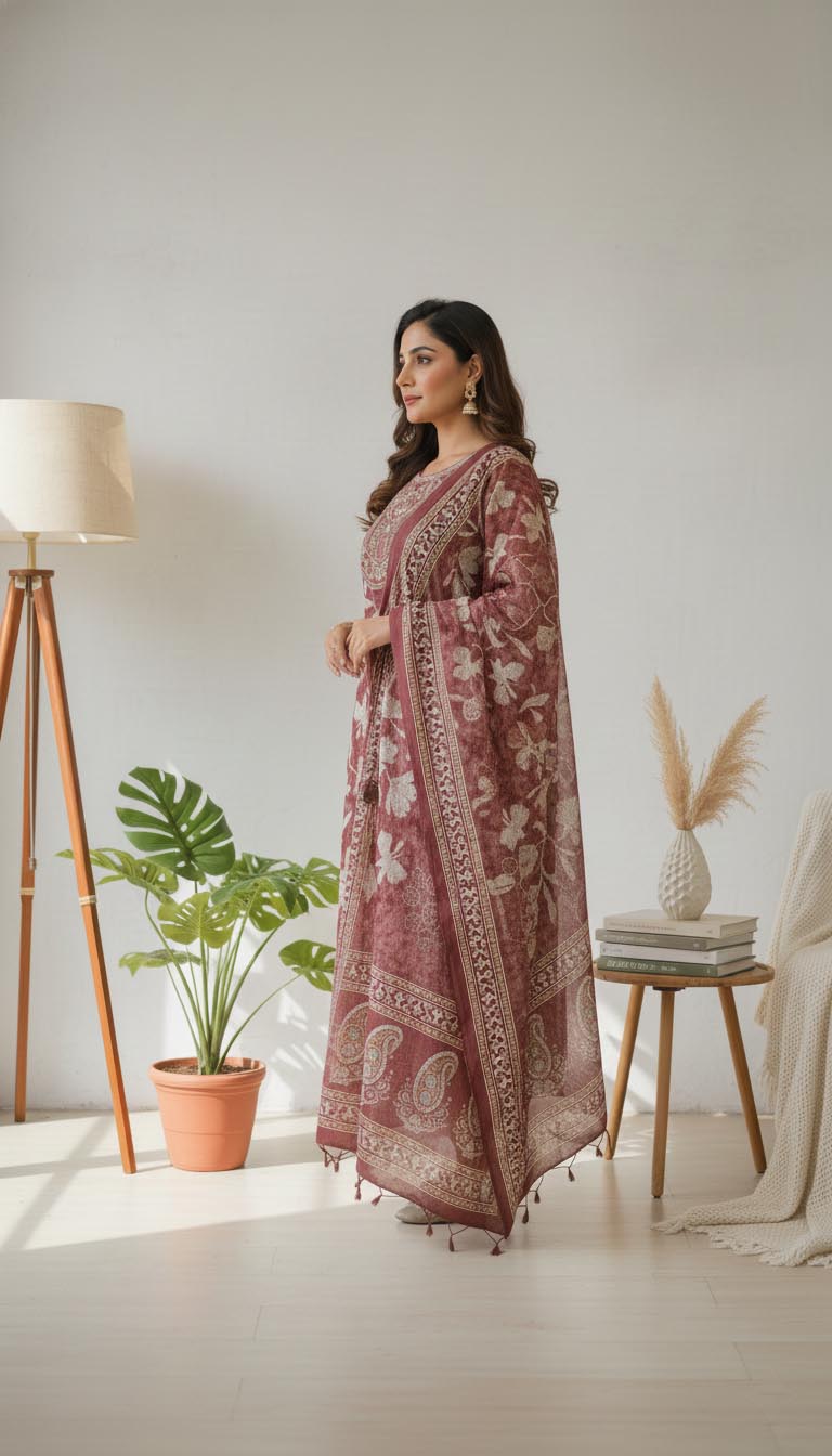 Rust Floral Printed Cotton Suit Set with Dupatta