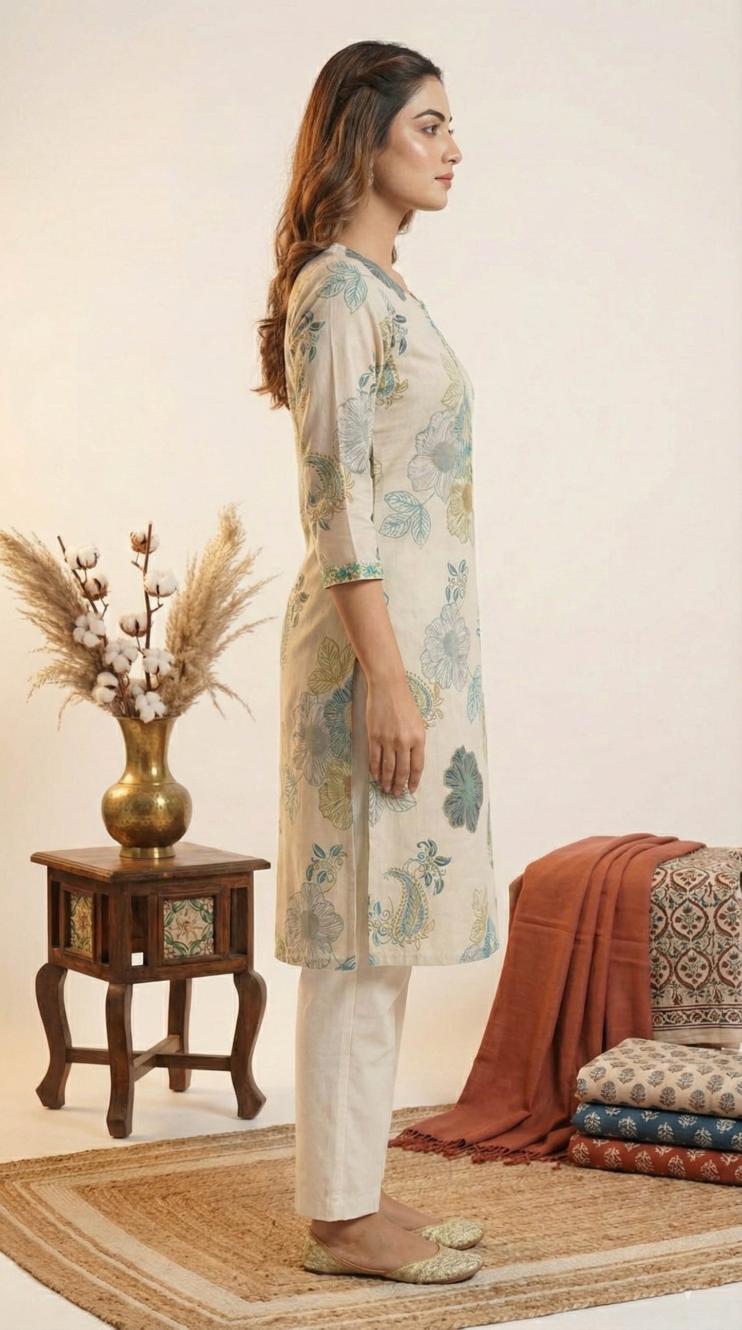Turquoise blue Vatican Floral Print Straight Kurta With pant