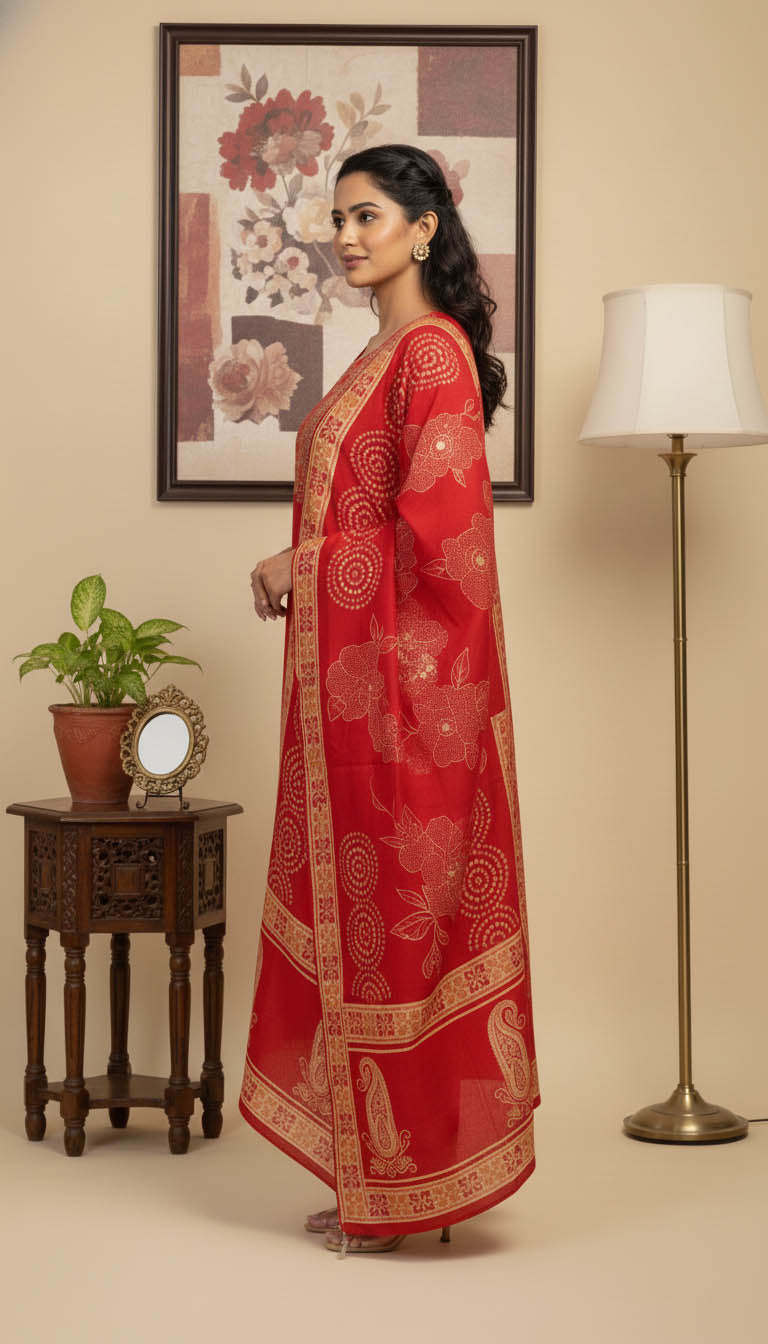 Elegant Printed Red Viscose Blend Kurta Set