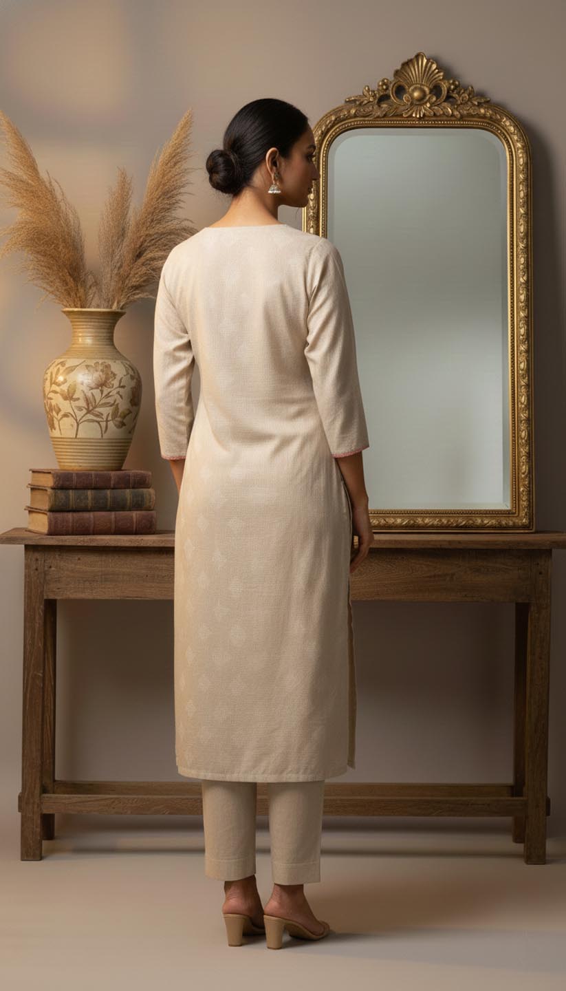 Elegant Embroidered Linen Kurta Set with Diamond Weave Dupatta