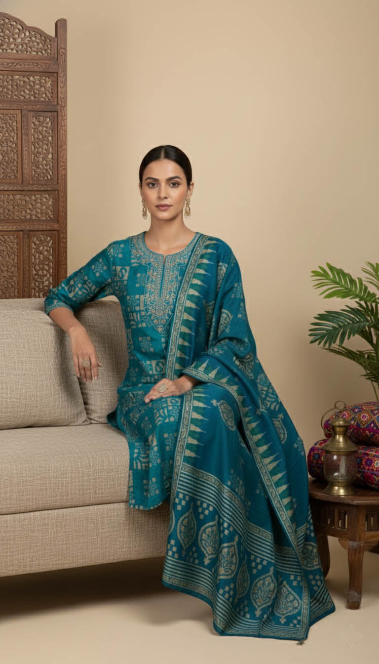 Turquoise Chanderi Kurta Set with Dupatta