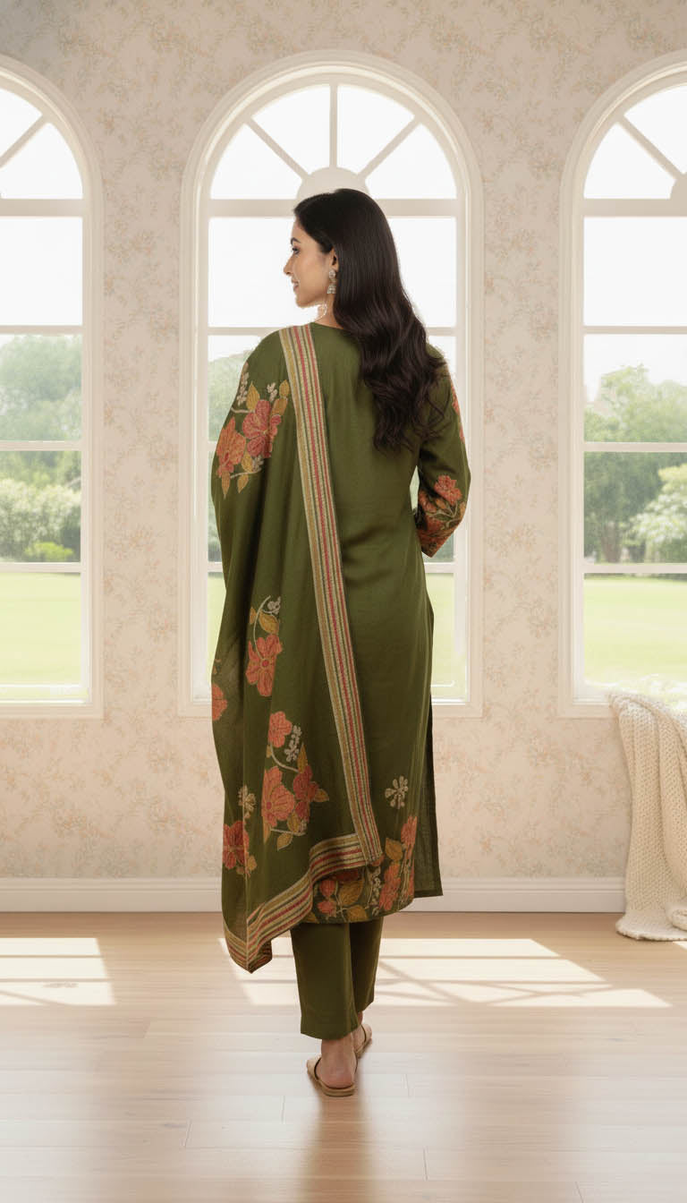 Olive Green Embroidered Viscose Berlin  Kurta Set with Dupatta