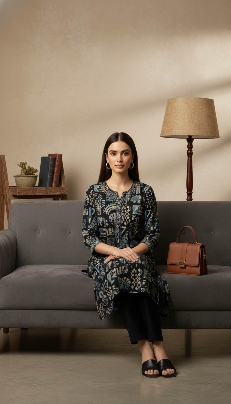 Printed Straight Kurta – Black & Blue Abstract Motif