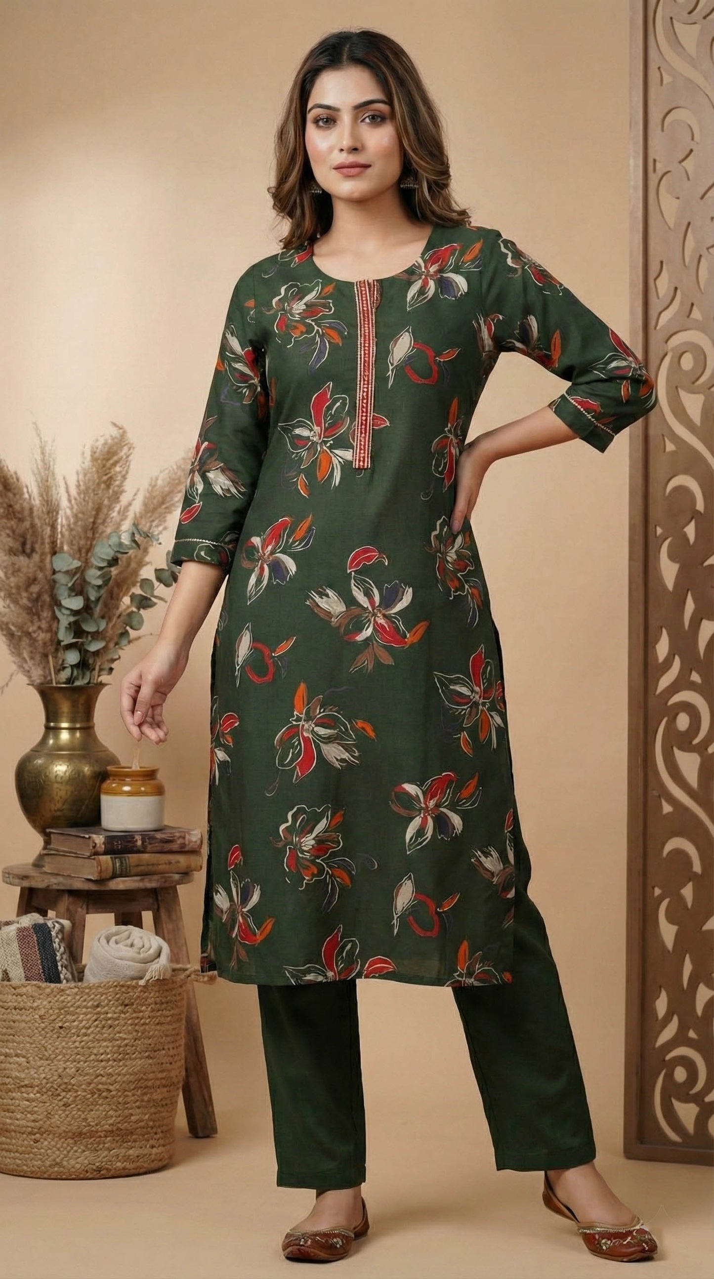 Green Floral Printed Kurta with pant