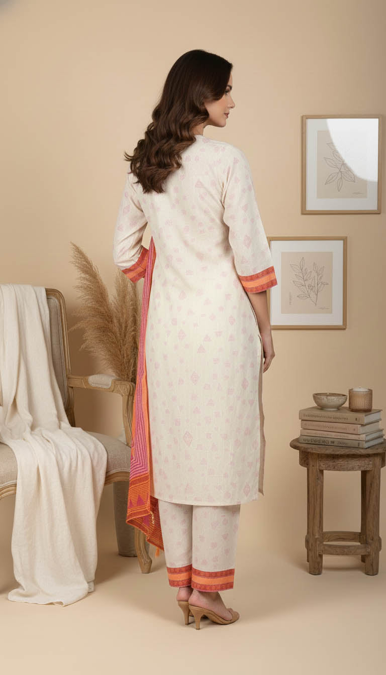 Peach Cotton Blend Printed Kurta Set with Dupatta