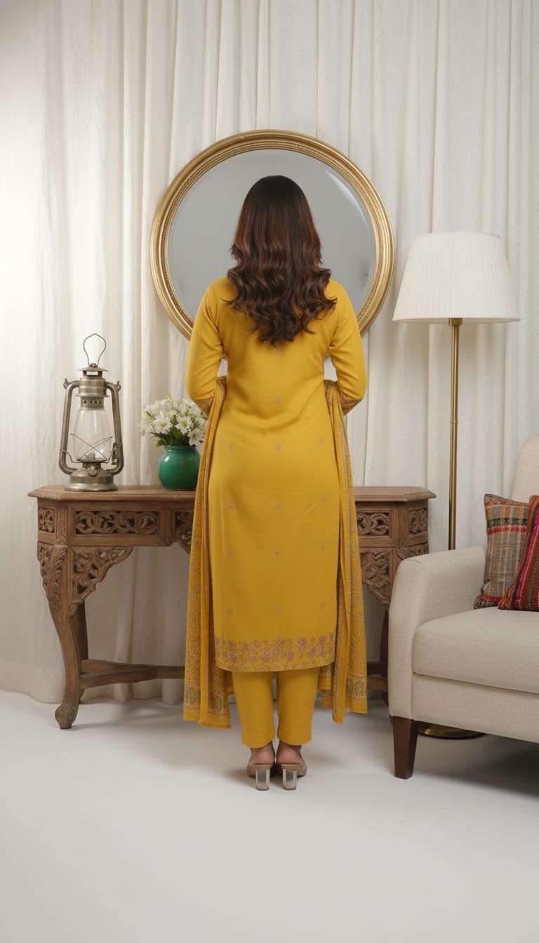 Mustard Yellow Floral Embroidered Cotton Kurta Set