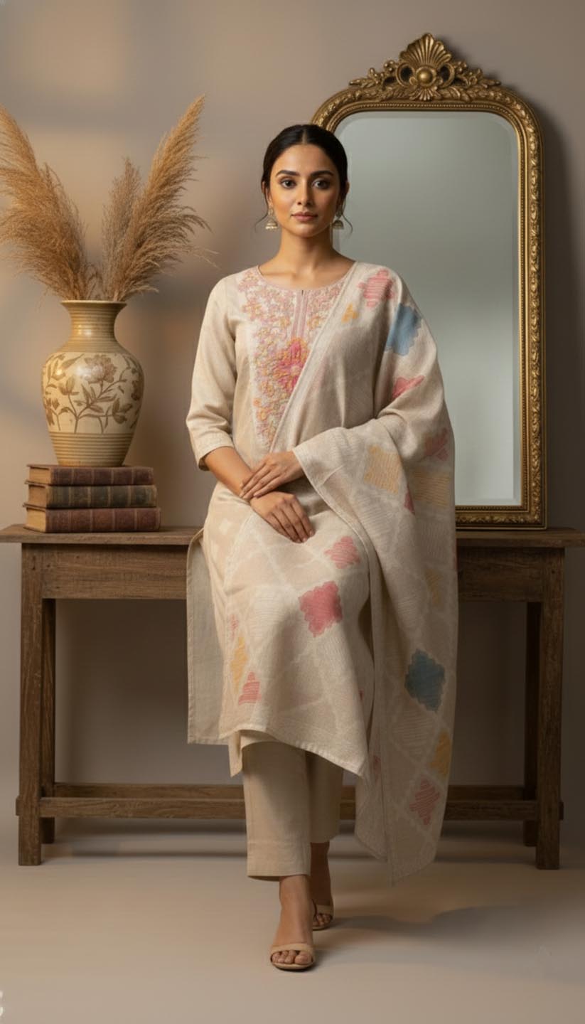 Elegant Embroidered Linen Kurta Set with Diamond Weave Dupatta
