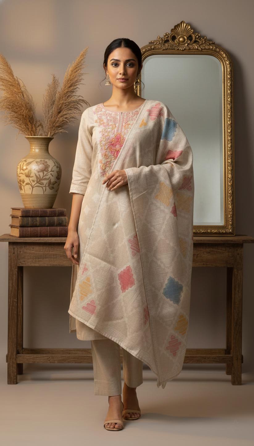Elegant Embroidered Linen Kurta Set with Diamond Weave Dupatta